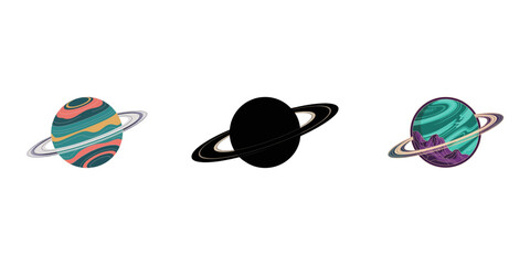 vector icon planet saturn, Planet Saturn with planetary ring silhouette, cosmos and planet vector, Planet Saturn with planetary ring system flat icon. Vector illustration on white background, planets  © Parboti