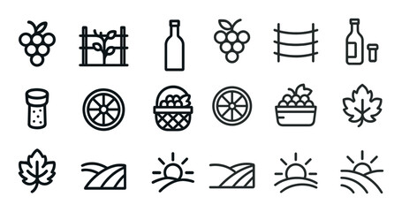 Wine and vineyard icons set &ndash; outline, linear, grape and winery symbols