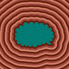 Teal speech bubble centered on red ripple background. Vector illustration with bold, textured graphic style.