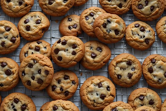 Close-up shots of freshly baked chocolate chip cookies on a cooling rack