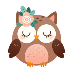 Cute cartoon of brown owl and beautiful flower on her head. Graphic illustration design on white background.