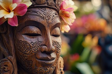 Intricate wooden sculpture adorned with flowers