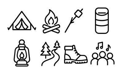 Fototapeta premium Outdoor camping icons: adventure, campfire, hiking, and relaxation elements