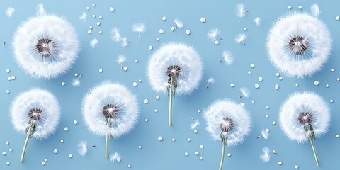 Fluffy dandelion heads on light blue background