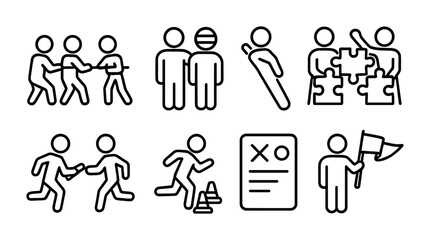 Team building activities outline icons for workshops and training designs