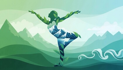 Green Abstract Woman in Yoga Pose Surrounded by Nature