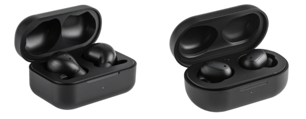 Black Wireless Earbuds in Open Charging Case – Transparent PNG