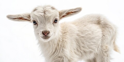 Adorable White Baby Goat Kid, Fluffy Fur, Farm Animal, Goatling Goat, Kid