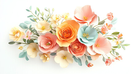 Arrangement of pastel colored paper flowers including roses and smaller blossoms on white background