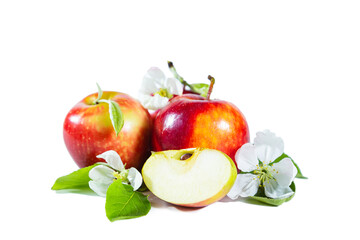 Red whole and sliced ​​apples with flowers and leaves. Isolated on white.