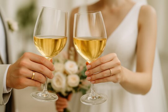 Bride and groom toasting with white wine, showing wedding rings and bouquet. Elegant celebration of marriage, love, and new beginnings