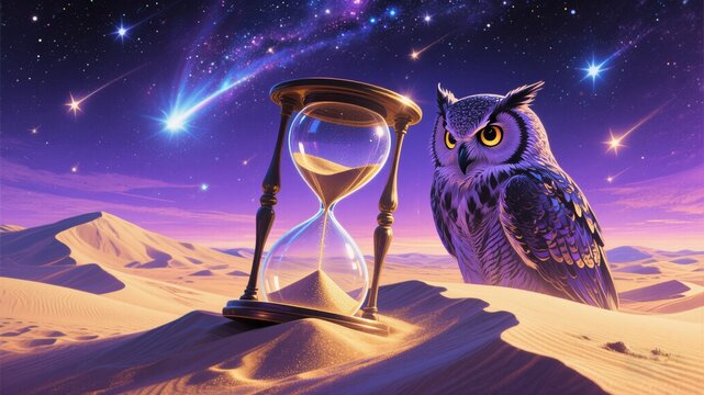 Mystical Desert Vision: Owl and Hourglass under Cosmic Sky for Fantasy Book Covers, Game Concept Art, or Celestial Wall Decor in Twilight Purple-Blue Palette
