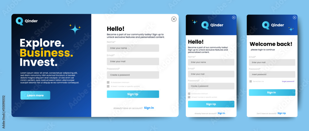 Poster set registration pages. mobile app and web login and sign up ui concept design. web landing page reg