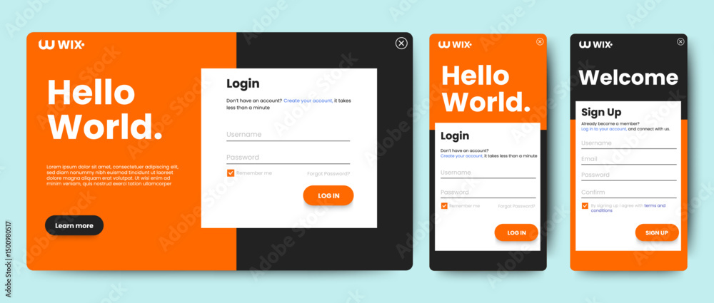 Poster set registration pages. mobile app and web login and sign up ui concept design. web landing page reg