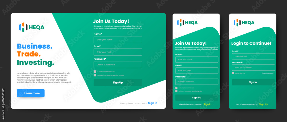Poster login and sign up form. web and mobile registration ui landing page. professional register screen ap