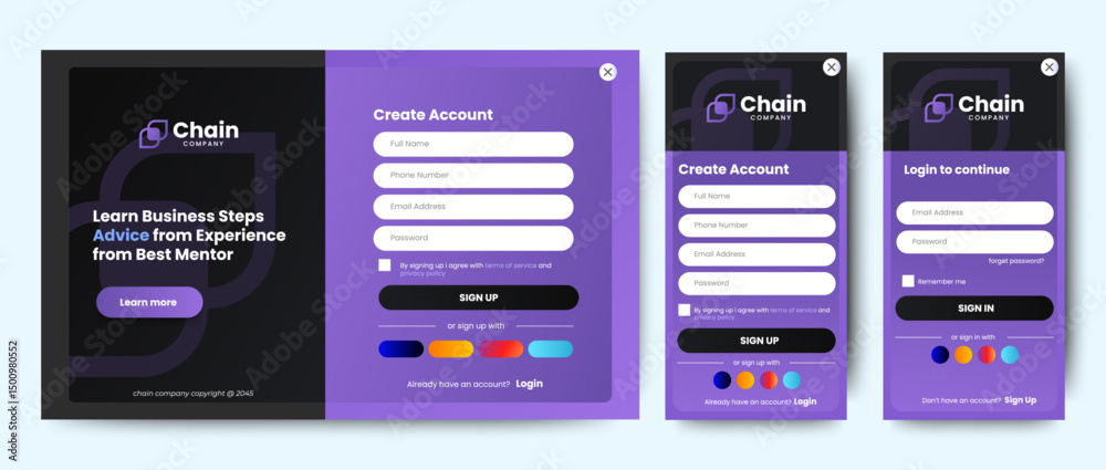 Poster set of sign up and sign in forms. blue gradient. mobile registration and login forms page. professio