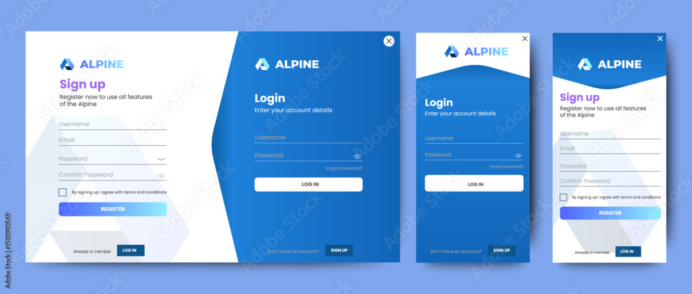 Poster set of sign up and sign in forms. blue gradient. mobile registration and login forms page. professio