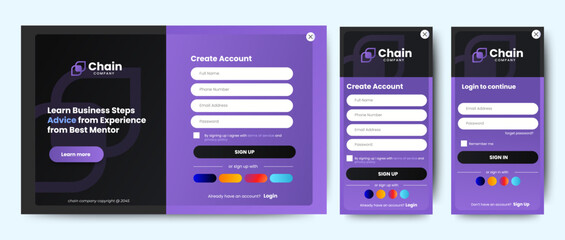 Set of Sign Up and Sign In forms. Blue gradient. Mobile Registration and login forms page. Professional web design, full set of elements. User-friendly design materials.