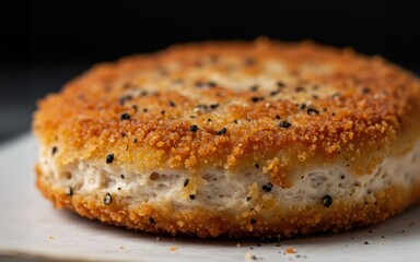 Golden-brown chicken patty, crispy breading, pepper seasoning, close-up view, delicious food photography.