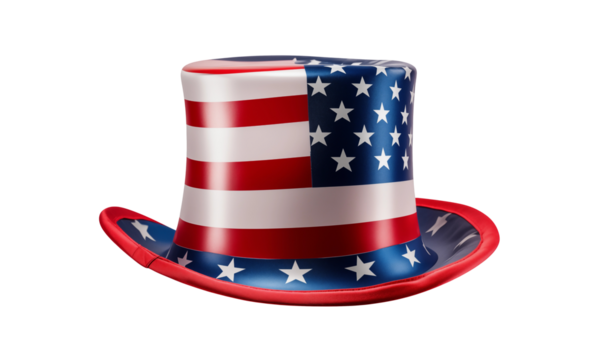 Patriotic American top hat design featuring stars and stripes for Independence Day celebrations and festive occasions.
