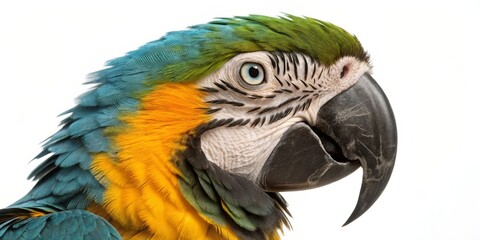 Fototapeta premium Blue-and-gold Macaw Head Close-up Vibrant Feathers, Detailed Portrait, Bird Photography, Exotic Parrot Macaw, Parrot