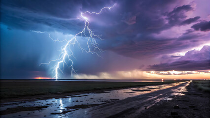 Dramatic thunderstorm over an open plain with bolts of lightning illuminating the distant horizon.