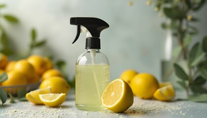 Fresh bergamot and citrus spray placed next to halved lemons with whole lemons in the background amidst a natural setting Generative AI