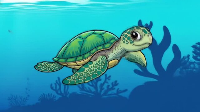 Cartoon illustration of a sea turtle swimming underwater