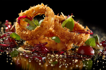 Onion rings on plate with edible flowers and salad