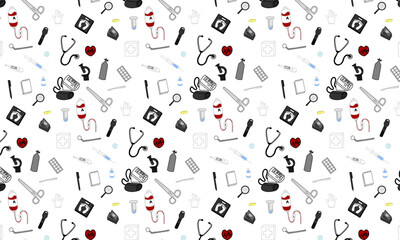Seamless pattern of colorful medical equipment on white background. Ideal for healthcare, packaging, textiles, and digital use.
