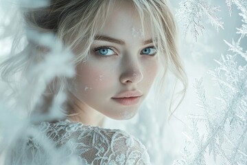 Young woman with icy background and blue eyes