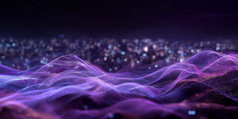Mesmerizing Purple Digital Waves Over Cityscape at Night