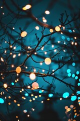 Luces cálidas en ramas de árbol nocturno
