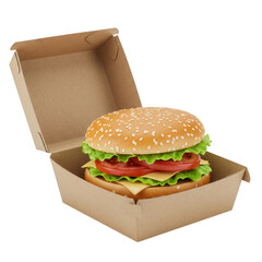 Delicious cheeseburger in cardboard box isolated on transparent background