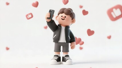 A cheerful 3D cartoon boy snaps a selfie as floating hearts and social icons appear around him. Soft ambient lighting creates a friendly social-media clip ideal for influencers, app promos, engagement