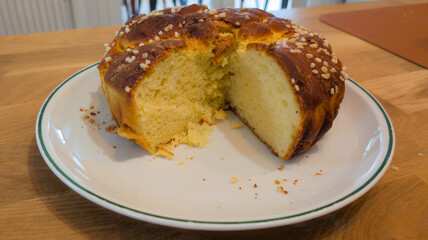 Close up of fresh pastry buns brioche cut with sugar pearls straight from the oven