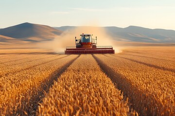 Fototapeta premium Agricultural Harvest Scene with Combine Harvester in Golden Wheat Field