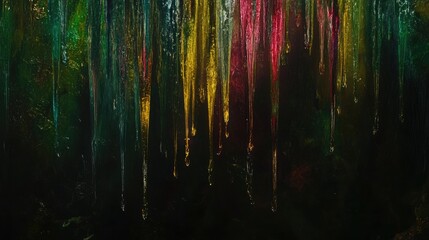 Abstract dripping paint artwork in vibrant jewel tones against a dark background