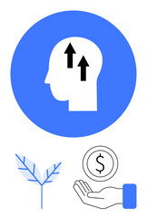 Silhouette of a head with arrows, a leaf symbolizing nature, and a hand holding a coin. Ideal for growth, sustainability, innovation, mindfulness, financial planning, environment simple landing page