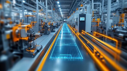 Automated factory floor with assembly line, highlighted by digital grid and robotic arms