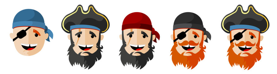 cartoon pirate heads set with bandanas and hat – vector illustration set