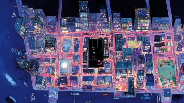Vista a&eacute;rea nocturna de una ciudad, mapa de calor urbano
