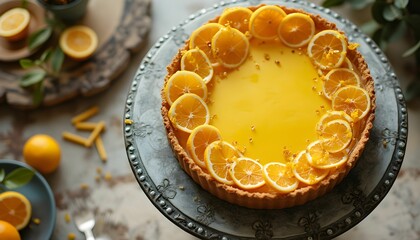 Delicious citrus bergamot tart decorated with fresh orange slices on an elegant serving platter in a cozy kitchen setting Generative AI