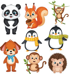 A delightful collection of cute cartoon animals including a panda, squirrel with acorn, playful monkeys, scarf-wearing penguins, a puppy, and a hedgehog
