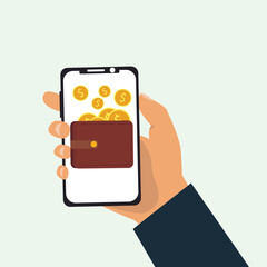 Hand holding smartphone send money via smartphone. Internet mobile banking transaction  wallet and money. Online payment through smartphone. Digital payment concept vector illustration.