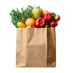 Close up of shopping paper bag full with fruit and vegetables isolated on transparent background.