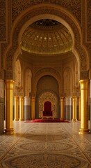 Obraz premium Magnificent Moroccan Palace Throne Room: Golden Arches, Intricate Details, and Royal Seat