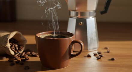 cup of aromatic black coffee, a coffee maker, coffee beans of different varieties on the table. Morning espresso or Americano coffee for breakfast in a beautiful brown cup.