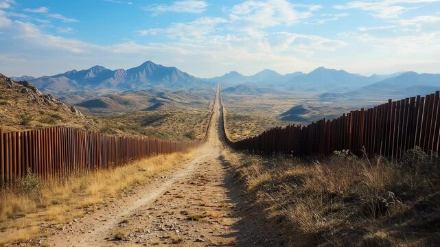 Border dividing a desolate landscape under a vast blue sky and distant mountains