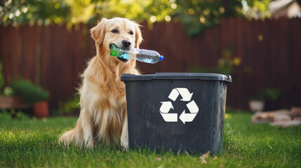 Golden retriever holds plastic bottle beside recycling bin outdoors, promoting environmental awareness, pet training, and eco-friendly behavior in a backyard setting.